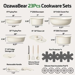 OzawaBear 23 Pcs Pots and Pans Set Non Stick, Ceramic 23pcs, Cream White