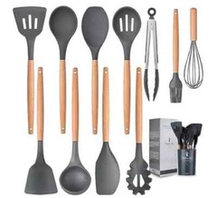 12-Pcs Kitchen Silicone Utensils Set with Heat Resist Wooden Handle Black