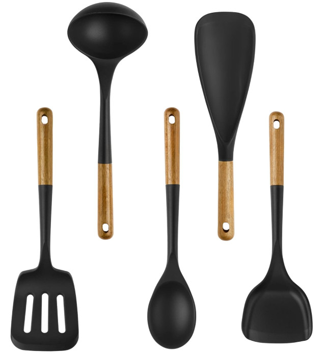 Juego Utensilios Cocina Silicona con Mango de Madera 5 Piezas Resistente al Calo