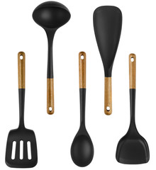 Juego Utensilios Cocina Silicona con Mango de Madera 5 Piezas Resistente al Calo