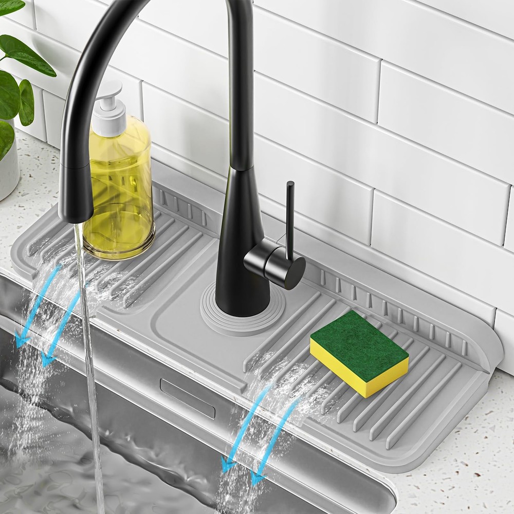14.6 inch Faucet Mat for Kitchen Sink Splash Guard, 7° Slope Silicone Sink Wa…