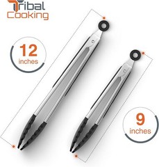 Stainless Steel Kitchen Tongs Set 9″ & 12″ w/ Silicone Tips & Locking Grip
