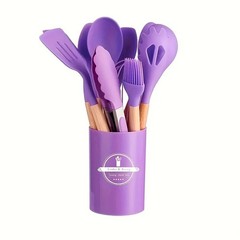 12 PCS Silicone Kitchenware Utensil Set with Wooden Handle & Holder