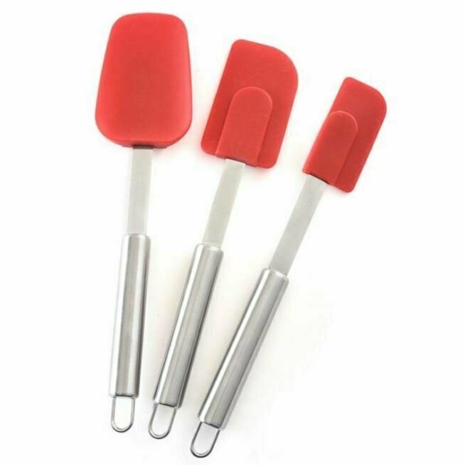 Norpro 3pc Silicone / Stainless Steel Bowl Scraper Spoonula Spatula Set – Red