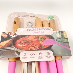 5 Pieces Kitchen Utensil Tools Set Silicone & Stainless Steel & Wood New Pink