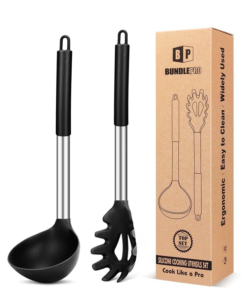 Black Silicone Pasta Fork Ladle Spoon Set Non Stick Kitchen Utensils Cooking