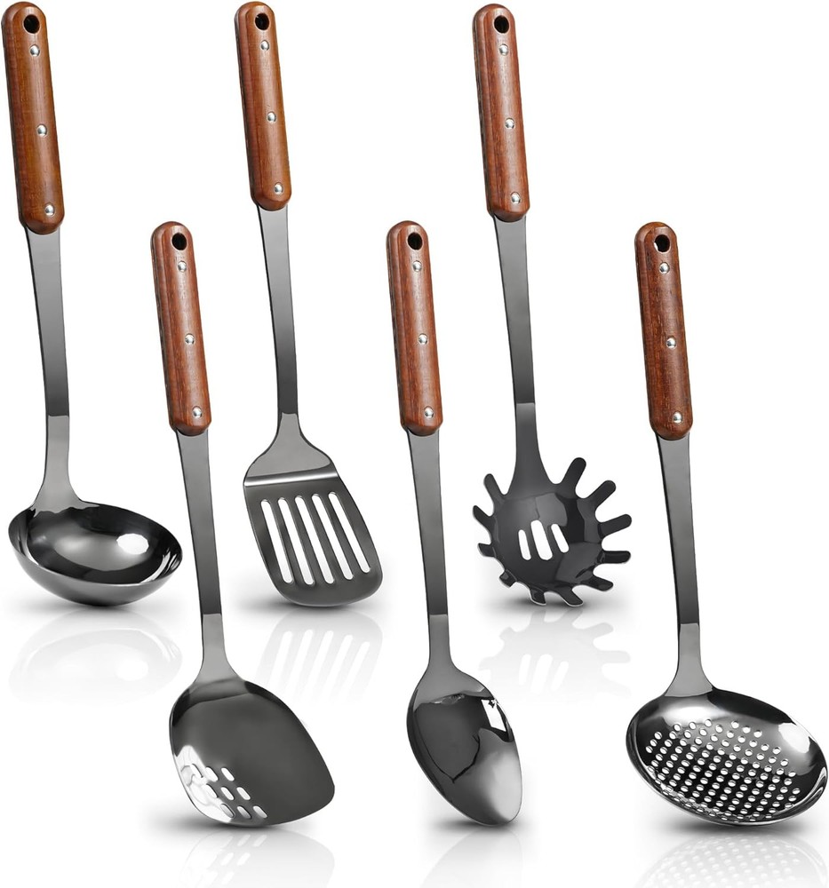 Mirror polished with wooden handles, includes various cooking tools, heat