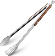 16-Inch Grill Tongs – Extra Long BBQ Tongs with Wood Handles – Heavy Duty Heat R