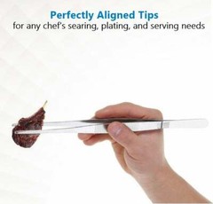Silver Stainless Steel Long Food Tongs Straight Tweezers Kitchen Serrated Tips