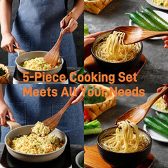 5pc Teak Wood Cooking Utensil Set Non Stick Heat Resistant Kitchen Spoons