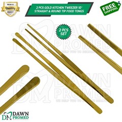 2 Pcs Gold Kitchen Tweezers 10″ Straight & Round Tip Set Chef Long Food Tongs
