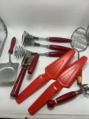 Vintage Red Handled Kitchen Tools And Utensils Lot Of 9