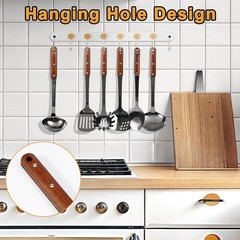 Mirror polished with wooden handles, includes various cooking tools, heat