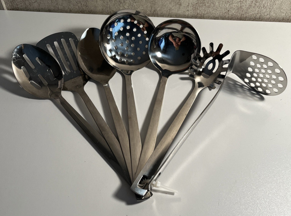 Stainless Steel Cooking Utensils Set Polished Finish Slotted, Ladle, Pasta, 7 Pc