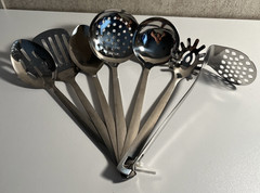Stainless Steel Cooking Utensils Set Polished Finish Slotted, Ladle, Pasta, 7 Pc