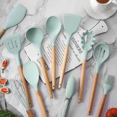 12 PCS Silicone Kitchenware Utensil Set with Wooden Handle & Holder