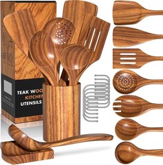 Natural Teak Kitchen Cooking Utensil Set with Holder, Wooden Spoons for Cooki…