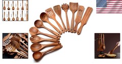 Wooden Cooking Spoons Set 12 Piece Teak Kitchen Utensils Non-Stick Safe