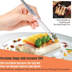 BBQ Kitchen Cooking Tweezers Tongs 12″ Extra-Long with Wide Round Serrated Tips