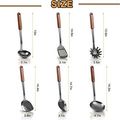 Mirror polished with wooden handles, includes various cooking tools, heat