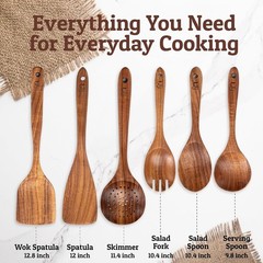 6 PC Teak Wood Wooden Spoons for Cooking Tools Kitchen Utensils Spatula Set