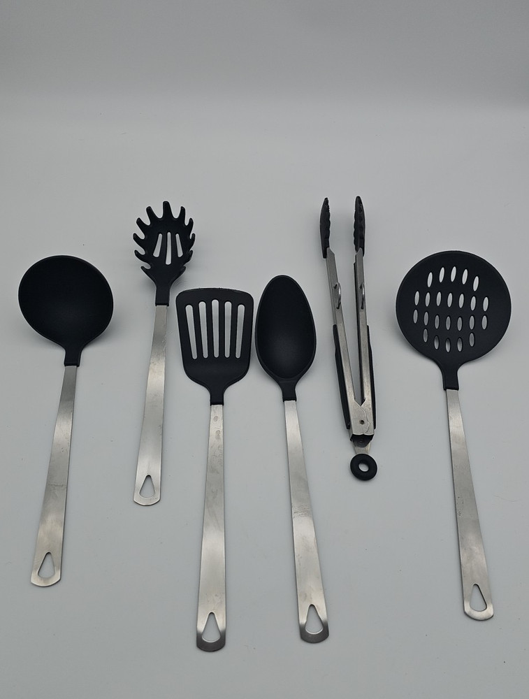 Matching Mixed Lot of 6 Unbranded Kitchen Utensil Supplies Stainless Black Handl