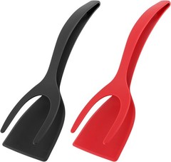 2Pcs 2 in 1 Egg Flipper Spatula Tongs Non Stick Grip Flip Omelet Pancake Black R