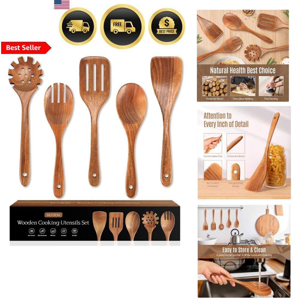 Wooden Spoons Kitchen Utensils Set 5 Pcs Natural Teak Non-Stick Cooking Tools