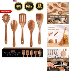 Wooden Spoons Kitchen Utensils Set 5 Pcs Natural Teak Non-Stick Cooking Tools