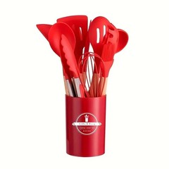 12 PCS Silicone Kitchenware Utensil Set with Wooden Handle & Holder
