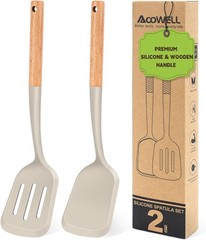 Pack of 2 Silicone Spatula Set with Elegant Wooden Handle, Heat Resistant Solid