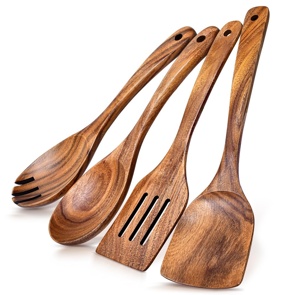 4Pcs Wooden Spoons for Cooking, Acacia Wood Kitchen Utensils Set for Nonstick Pa