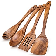 4Pcs Wooden Spoons for Cooking, Acacia Wood Kitchen Utensils Set for Nonstick Pa
