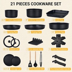 Ammeloo 21 Pcs Pots 21 and Pans Set Non Stick with Grill Pann, Black