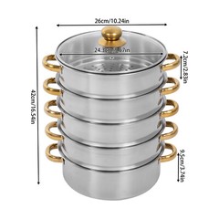 5-Tier 5L Cooking Pot Round Steamer Baskets Stainless Steel Lid Home Cookware