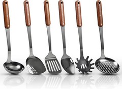 Mirror polished with wooden handles, includes various cooking tools, heat