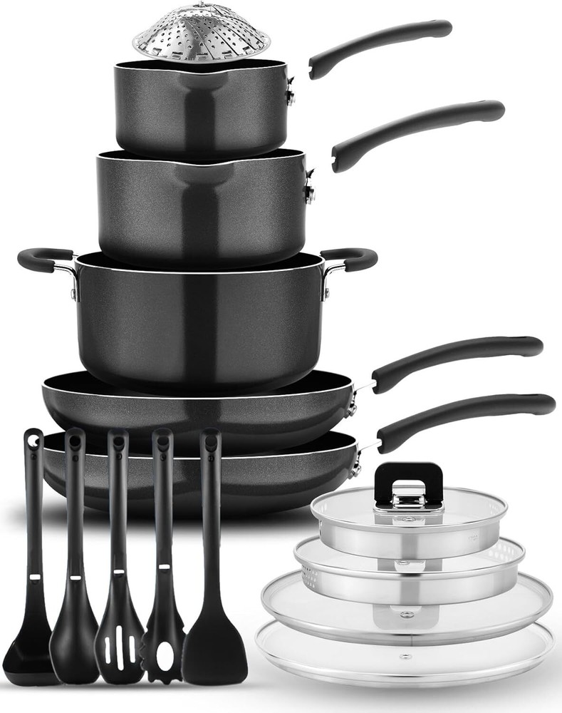 NutriChef 17pcs Stackable Pots and Pan Stainless Steel Set – Black (Open Box)