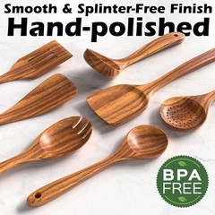 Natural Teak Kitchen Cooking Utensil Set with Holder, Wooden Spoons for Cooki…