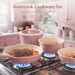 Astercook 21 Pcs Pots and Pans Non Stick 21 Kitchen Cookware Sets, Pink