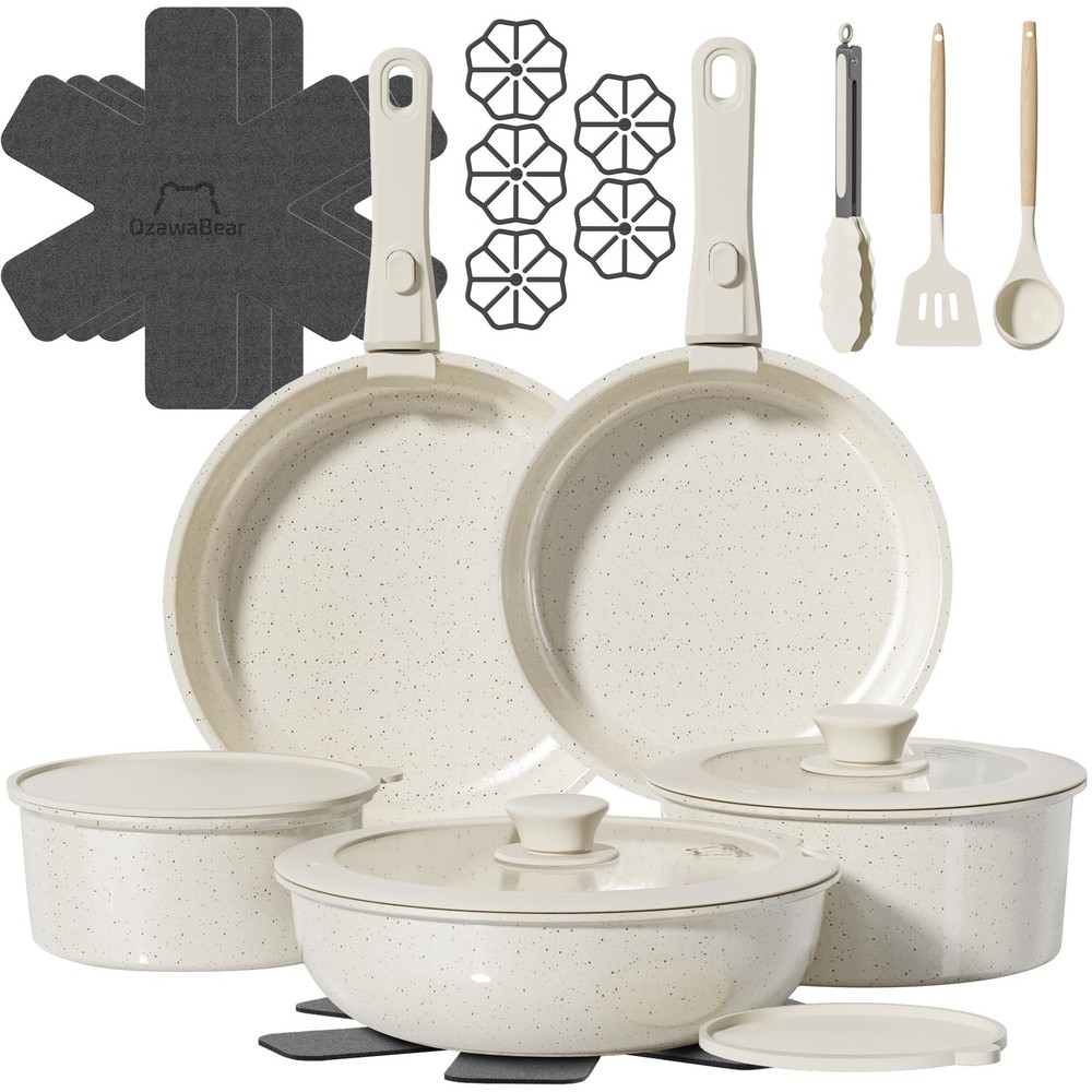 OzawaBear 23 Pcs Pots and Pans Set Non Stick, Ceramic 23pcs, Cream White