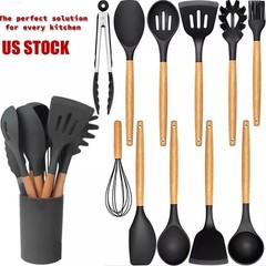 12-Pcs Kitchen Silicone Utensils Set with Heat Resist Wooden Handle Black