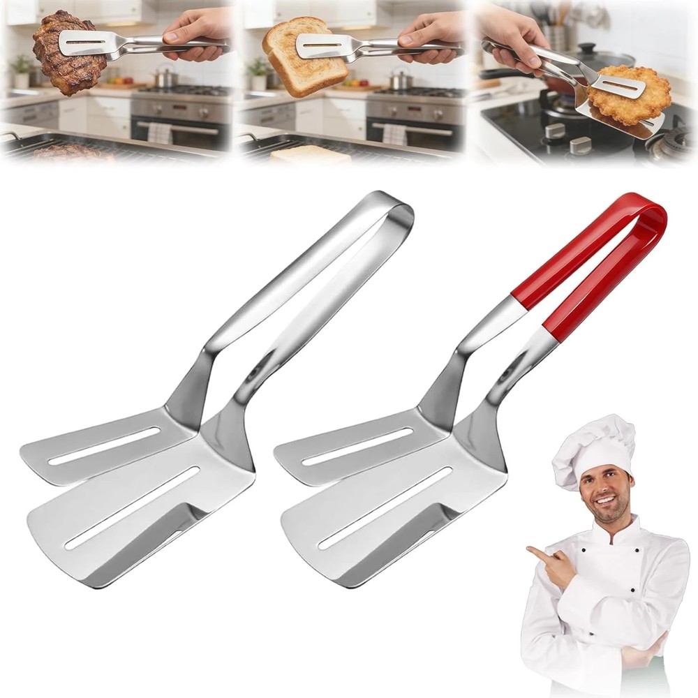2PCS Mix Stainless Steel Grill Clamp Spatula, Multi-Functional Anti-Scald Extend
