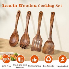 4Pcs Wooden Spoons for Cooking, Acacia Wood Kitchen Utensils Set for Nonstick Pa