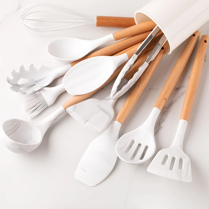 12pcs, Silicone Utensil Set, Khaki Kitchen Utensil Set With Wooden Handle, Safet