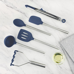 Silicone Cooking Utensil Set of 6 Stainless Steel Handle Ladle Slotted