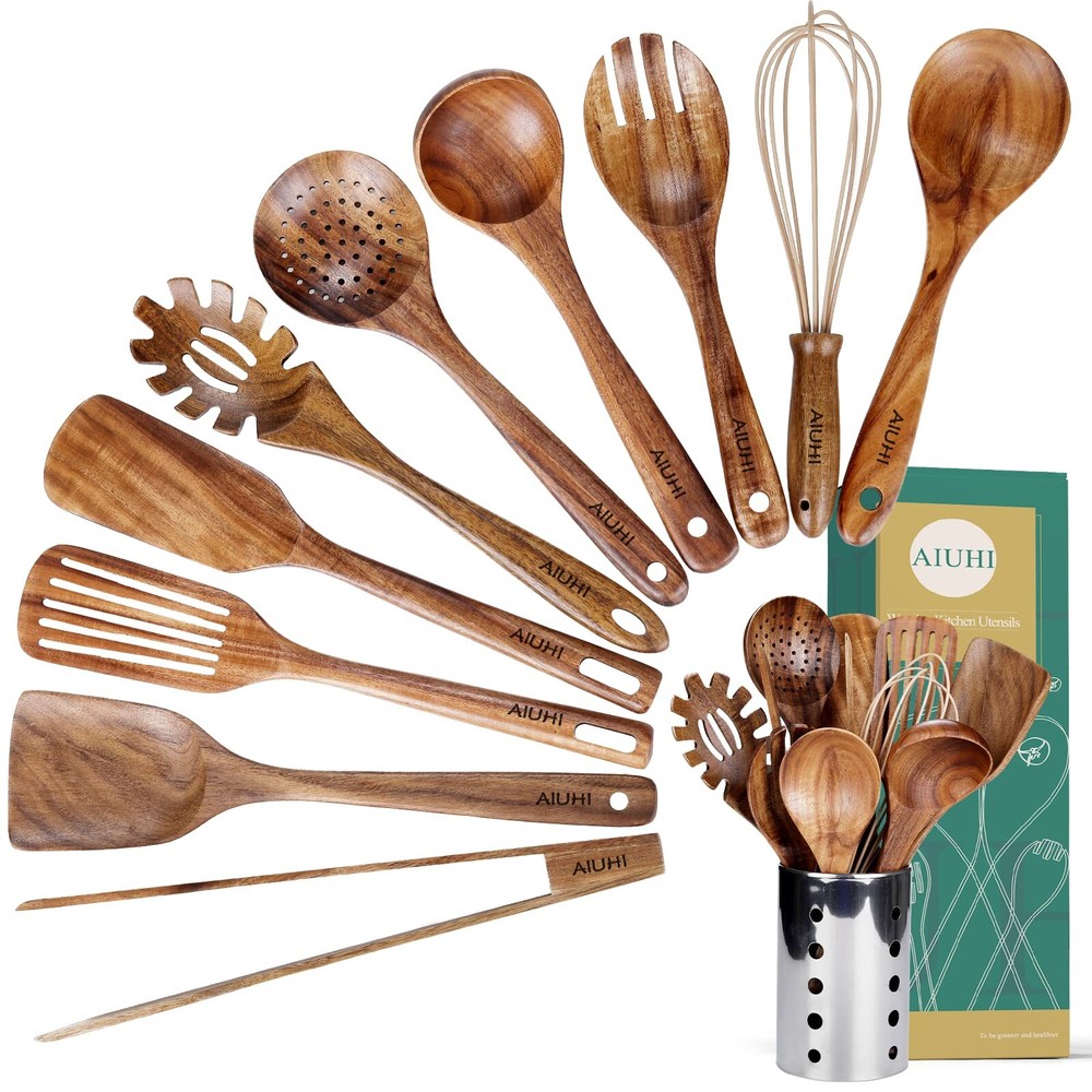 KITCHEN UTENAILS SET WITH HOLDERKITCHEN WOODEN UTENSILS FOR COOKING WOOD UTENSIL