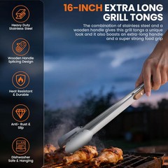 16-Inch Grill Tongs – Extra Long BBQ Tongs with Wood Handles – Heavy Duty Heat R