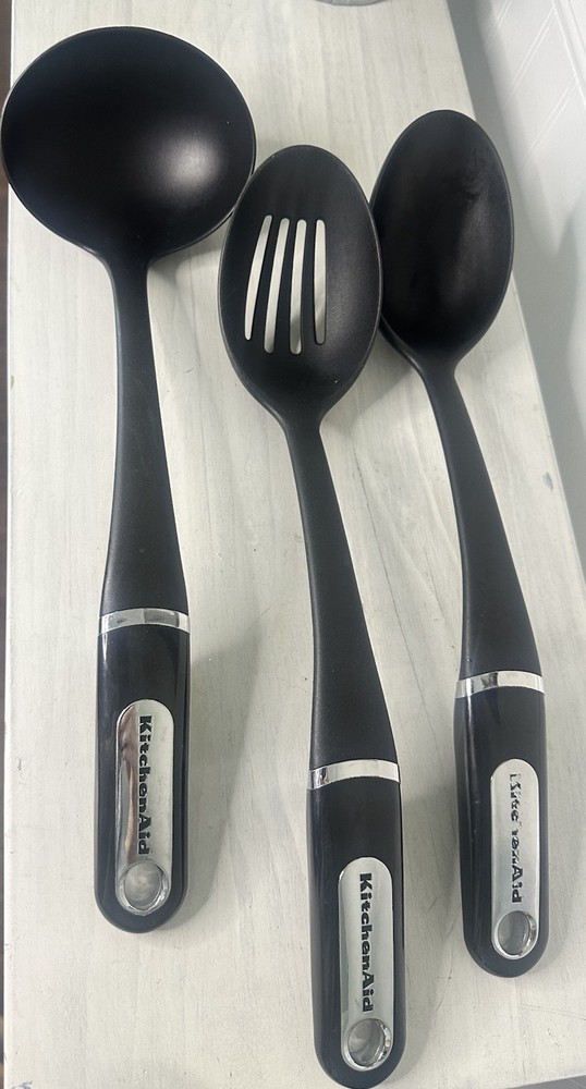Lot of 3 Kitchen Aid Black Plastic Kitchen Utensils Spoon and Spatulas