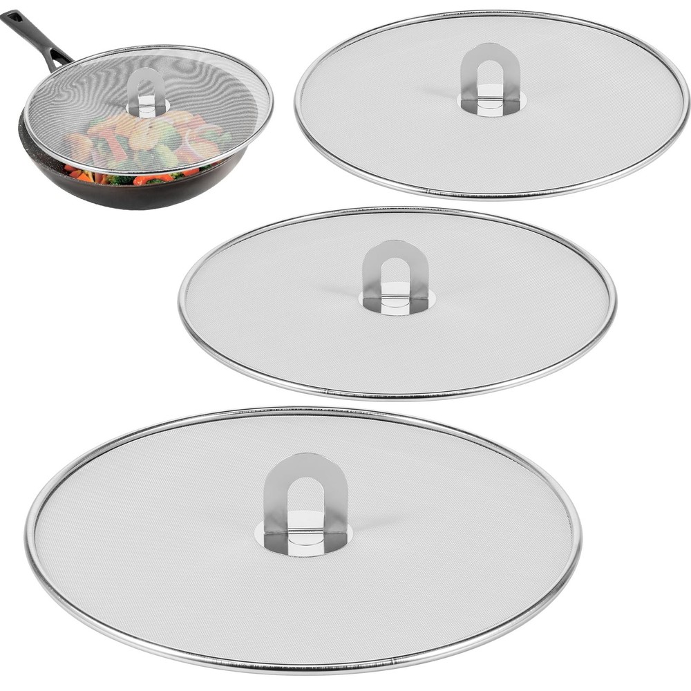 3PCS Stainless Steel Splatter Screen 9.8 11.4 13 Inch Fine Mesh Frying Pan
