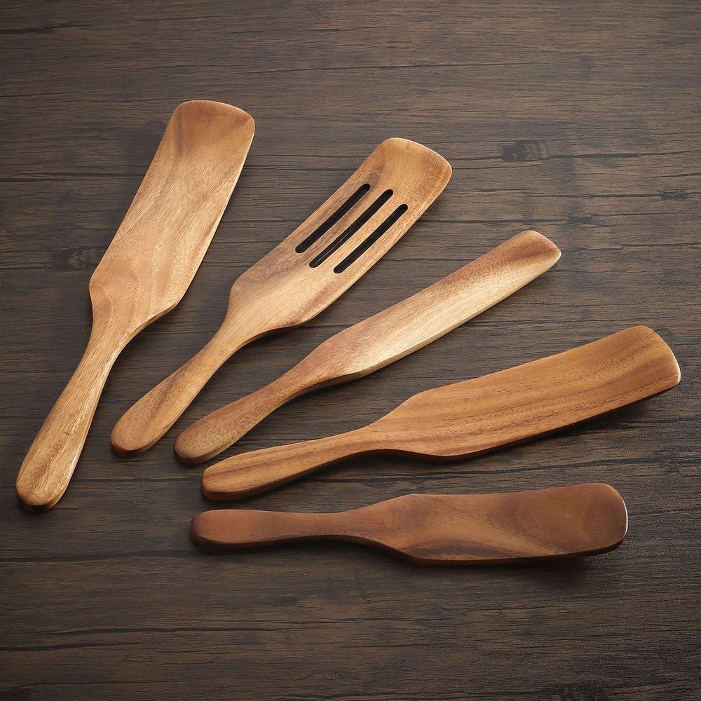 Spurtle Kitchen Cooking Utensil 5pc Set Teak Wood Non Stick Wooden Spatula Spoon